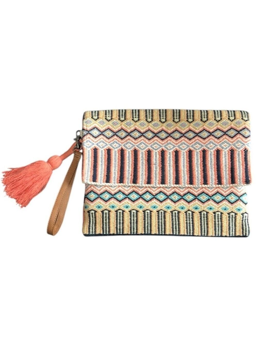 J.Jill Artisanal Grapefruit Woven Jacquard Clutch with Wrist Strap Tassel Accent